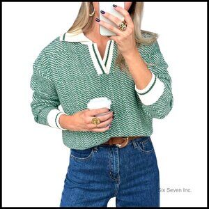 V-Neck Lapel Collar Knit Sweater Pullover Long Sleeve Casual Chic Fall Winter